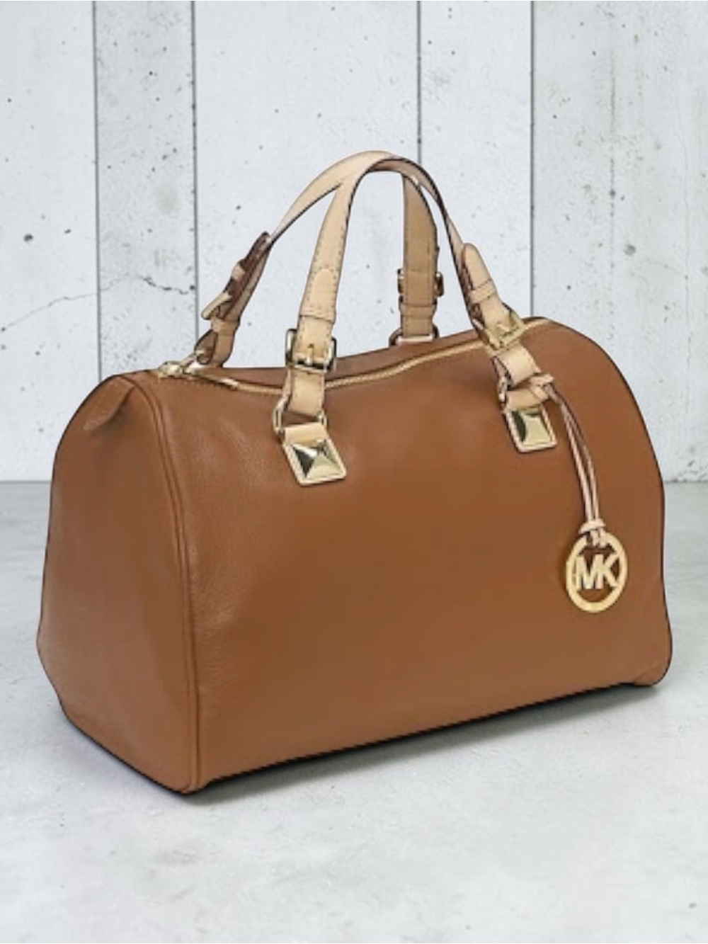 Michael Kors Brown Pebbled Leather Grayson Satchel with Gold MK Charm